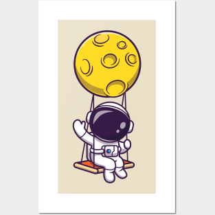 Cute Astronaut Swing On Moon And Waving Hand Cartoon Posters and Art